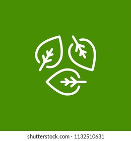 Three white line leaves eco recycle icon. isolated on green. Vector reuse  illustration.  Green flat outline leaves. Leaf ecology circle symbol