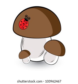 Three white mushroom and ladybug. Illustration on white background