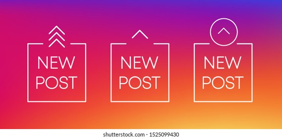 Three white new post icon. Scroll arrow up drag button up social media interface action icon. Vector illustration.