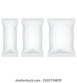 Three white packaging bags of different sizes. Vector illustration