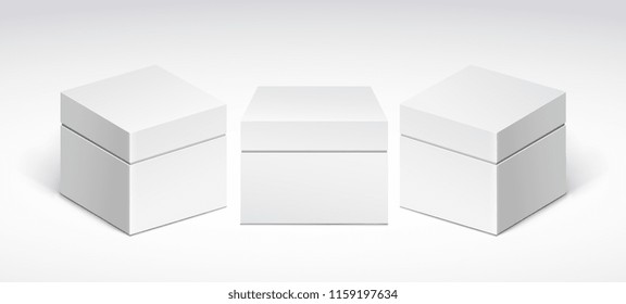 Three white packing boxes with lid, front view and side view.