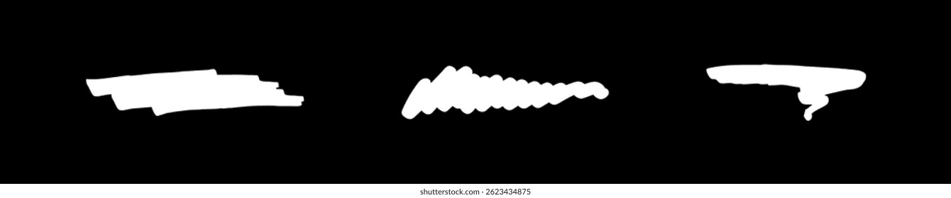 Three White Paint Strokes Against a Black Canvas, Isolated Brush Marks, Vector Textures for Overlays, Graphic Element