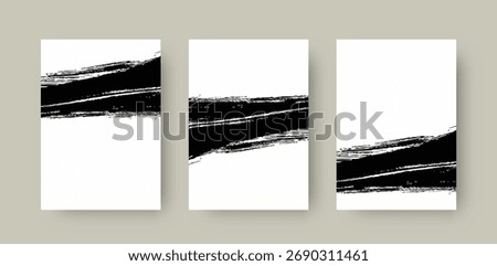 Three white panels with abstract black brushstrokes across the top and bottom areas