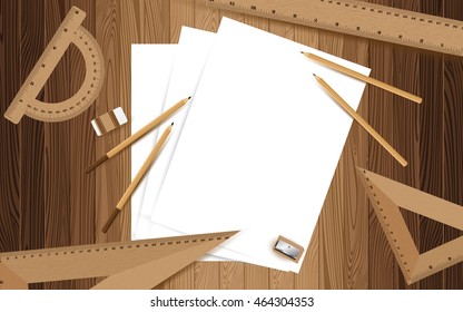 Three white paper with pencil, ruler, eraser and sharpener on lath boards. Wooden texture background.