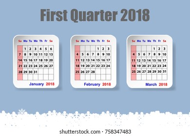 Three white paper sheets with calendar for the first quarter of the year 2018 on the trendy blue gradient background. The lower edge forms snowflakes