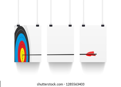 Three white paper sheets hanging on paper clips with archery target and arrow isolated on white background. Vector design concept