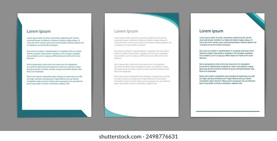 Three white papers with teal blue design elements on a gray background. Modern layout for business documents or reports. Professional and clean look. template, mockup, a4