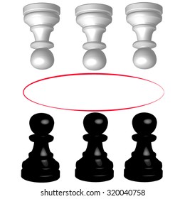 Three white pawns on the top and three black bottom frame red grunge oval frame. All isolated.