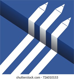 Three white pencil silhouettes on a blue background with a step. Vector image for presentations and graphical representation of data. Illustration of stationery for infographics