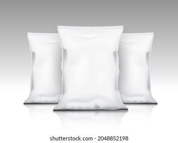 Tres Bolsas De Almohada Blanca Para Los Chips, Los Aperitivos O Las Velas Aisladas En Fondo Gris. Vector EPS10