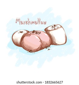 Three white and pink marshmallows sprinkled with chocolate chips. Desserts and sweets. Hand sketching food.