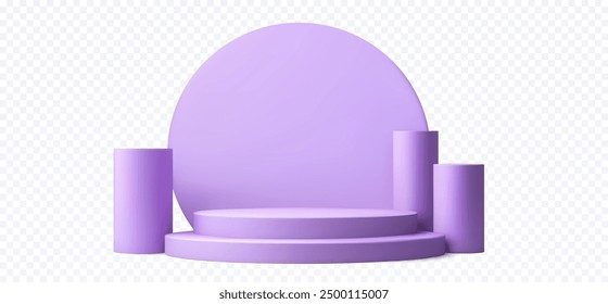 Three white podiums of different sizes on a white background, ideal for product showcases, presentations, and minimalist design projects. 
Purple pedestal with circular backdrop and cylinders,3D.