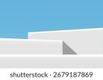 Three white podiums on blue sky background, vector illustration design for display cosmetic product, summer banner, mockup