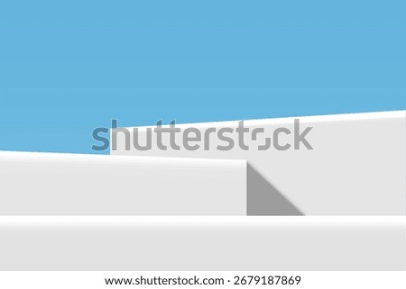 Three white podiums on blue sky background, vector illustration design for display cosmetic product, summer banner, mockup