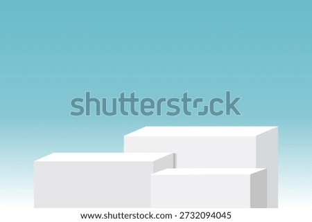 Three white podiums on blue sky background, vector illustration design for display cosmetic product, summer banner, mockup