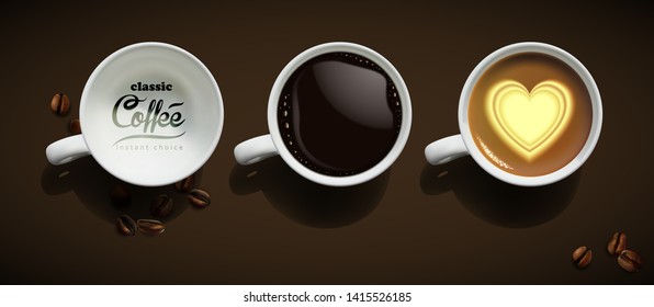 Three white porcelain cups with black coffee and foam on a brown background. High detailed realistic illustration