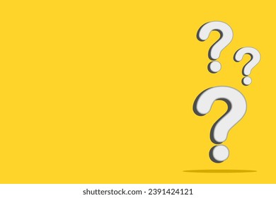 Three white question marks isolated on yellow background. Vector illustration.