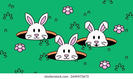 Três coelhos brancos que emergem de tocas em um campo gramado verde com flores cor-de-rosa desenhadas à mão ilustração de desenhos animados vetoriais para temas infantis, primavera, Páscoa ou natureza