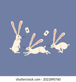 Three white rabbits with long ears and playing card. Isolated fabulous hares with aces of spades on a blue background. Standing running and jumping bunny in wonderland hand drawn vector illustration.