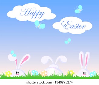 Three white rabbits are sitting in the grass near Easter eggs and butterflies are flying over them and the inscription Happy Easter on clouds