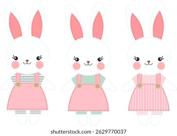 three white rabbits in skirts flat vector no background