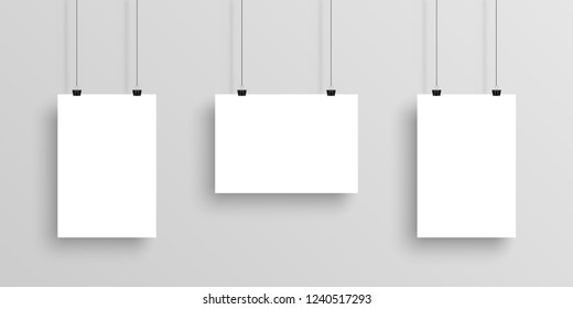 Three white realistic Poster mockup with shadow on gradient background. Eps10