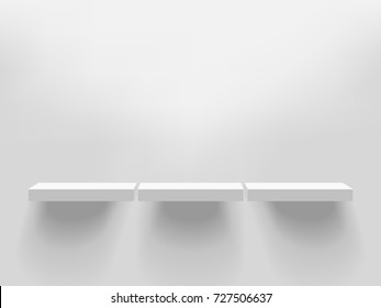 Three white realistic vector shelves attached to the wall. Advertising equipment mockup in 3d style. Empty template for product display. Exhibition furniture, isolated, light grey colored. 