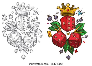 Three white and three red dices, sketch