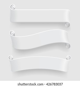 Three white ribbons with drop shadow on white background. Caption banners set without transparent objects. Vector illustration