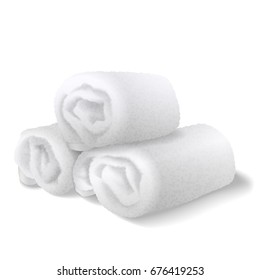 three white rolled folded fluffy terry towels isolated on white background. realistic vector illustration