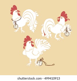 Three white roosters with a clock. Cartoon image vector design.