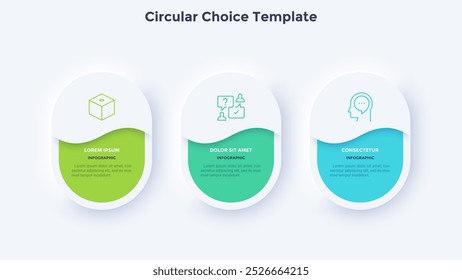 Three white rounded elements placed in horizontal row. Concept of 3 business goals to choose. Neumorphic infographic design template. Clean vector illustration for data analysis and visualization.