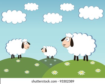 three white sheep and cloud on the sky. vector illustration