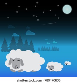 Three white sheep are sleeping in the meadow at night.