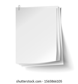Three white sheets of paper with metal paper clip. Metal paper clip attached to paper. Vector illustration