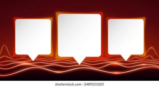Three White Sheets for Quotes on a Glowing Red Neon Background in Retro Wave Style. Vector clip art for your nostalgic project design.