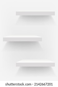 Three white shelfs on white wall. Vertical vector illustration