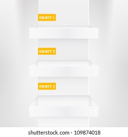Three white shelves inside a house. Vector design.