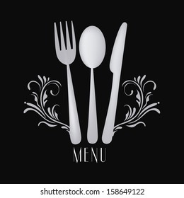 three white silhouettes of utensils with design asides them with text