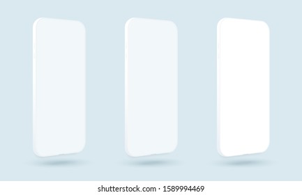 Three white smartphones vector mockup. Trendy clay mobile phones template with blank screen for design app. Side view mock up.
