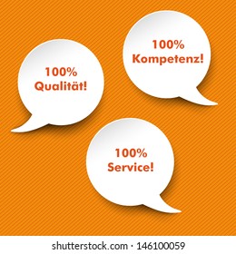 Three white speech bubbles with german text 100% Qualitaet, Service, Kompetenz, translate 100% quality, service and competence. Eps 10 vector file.