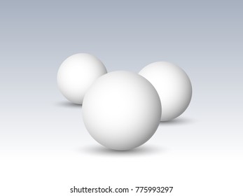 Three white spheres, balls or orbs. 3D vector objects with dropped shadow on gray background.