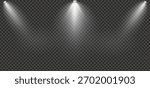 Three White Spotlights on Transparent Background. Stage Lighting Effect Overlay.