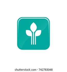 Three white sprouts, sprigs, raw with silhouette leaf in turquoise square. flat icon isolated on white. eco company, nature, ecology, healthy, organic, fresh food symbol. Vector button