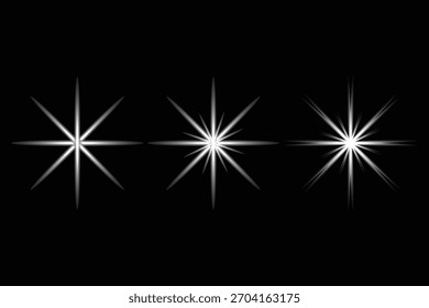 Tres efectos de luz de estallido estelar blanco sobre fondo negro