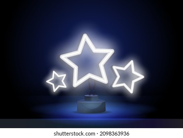 Three white stars neon sign. Rating or advertisement design. Night bright neon sign, colorful billboard, light banner. Vector illustration in neon style.