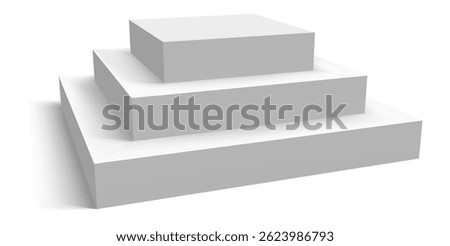 Three white steps of varying sizes creating a pyramid shape on a clean white background, casting soft shadows that enhance the minimalist and modern design