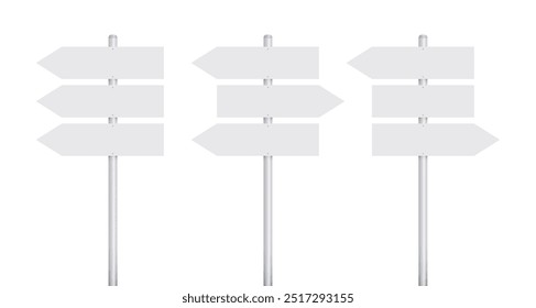 Three white street signs with arrows pointing in different directions