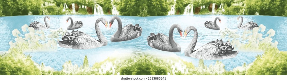 Tres cisnes blancos flotan en agua azul, reflexión, salpicaduras, Imagen aislada sobre fondo blanco