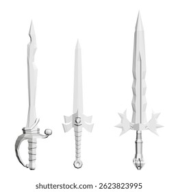 Three white swords are shown in a white background. The swords are all different sizes and shapes, but they all have a similar design. Scene is one of fantasy and adventure